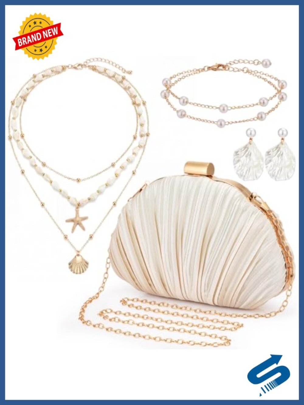 Seashell Clutch Purse Set Acrylic Pearl Earrings Bracelet Necklace Evening Bag